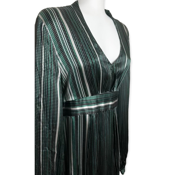 Tahari Women's Green Silk V-Neck Empire Waist Tie Back Striped Dress Size 10 - Picture 6 of 16